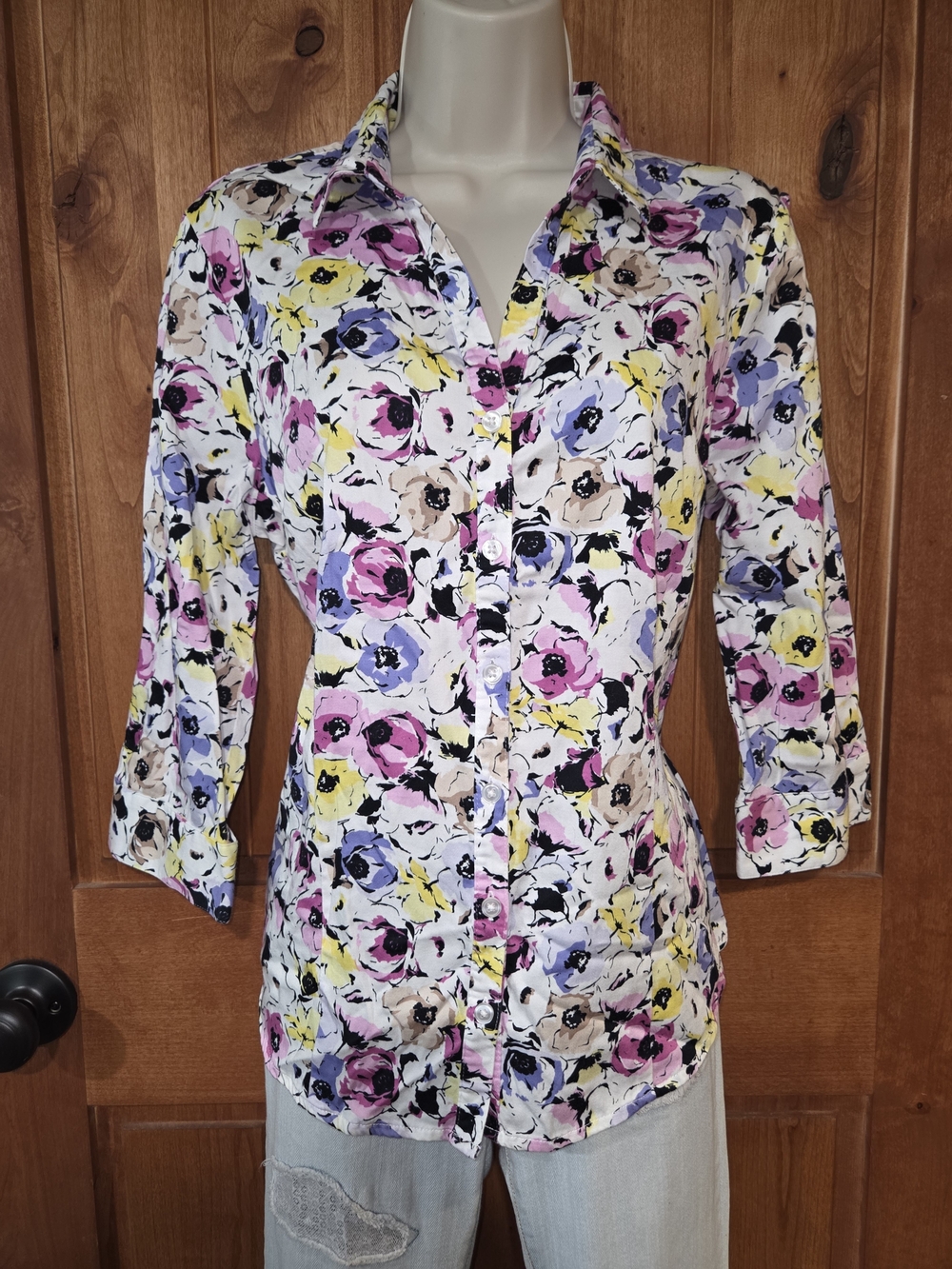 Dana Buchman Floral Button-Down Shirt in White with Pink, Yellow & Blue